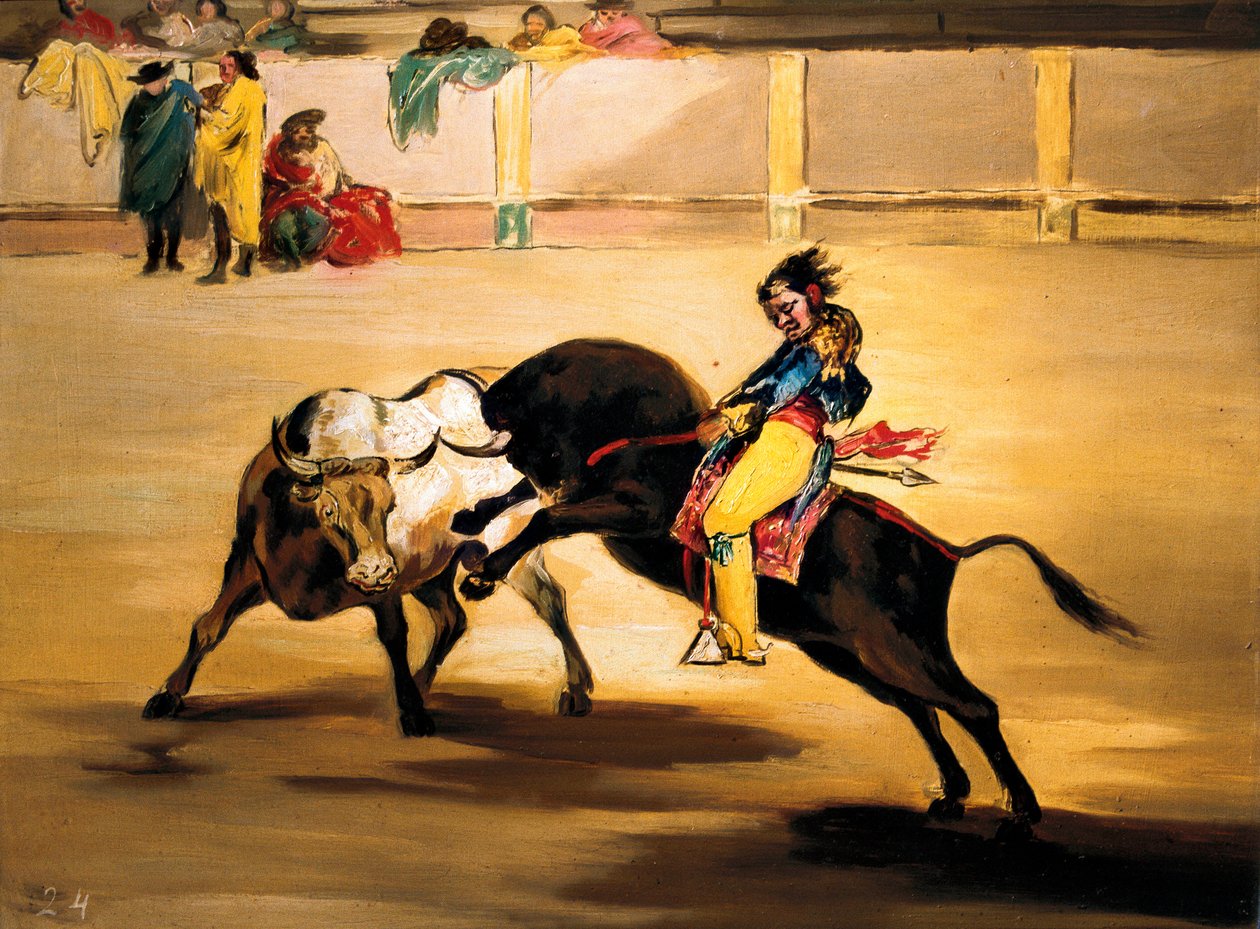Mariano Ceballos nimeltä "intiaani" härän selässä rikkoo haukensa Madridin areenoilla, n. 1810 (maalaus) tekijältä Francisco de Goya
