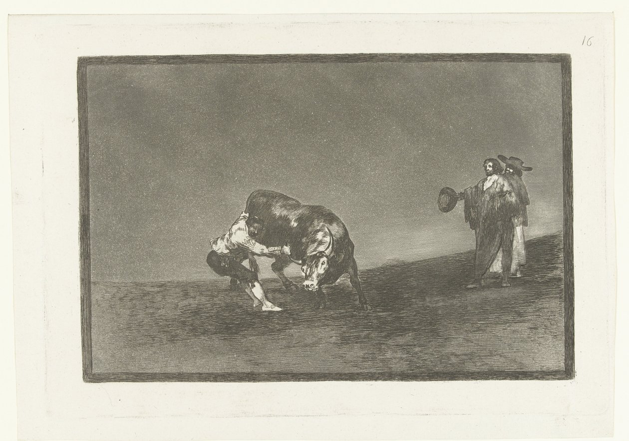 Martincho tarttuu härän sarvista El mismo vuelco en toro en la plaza de Madrid Härkätaistelut (sarjan nimi) La Tauromaquia (sarjan nimi) tekijältä Francisco de Goya
