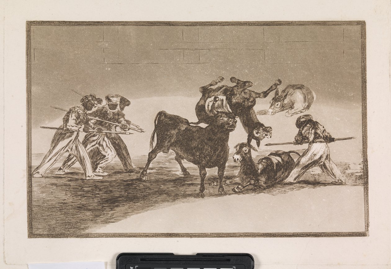 Maurit käyttävät aaseja esteenä puolustaakseen itseään härkää vastaan, jonka sarvet on varustettu luoteilla tekijältä Francisco de Goya
