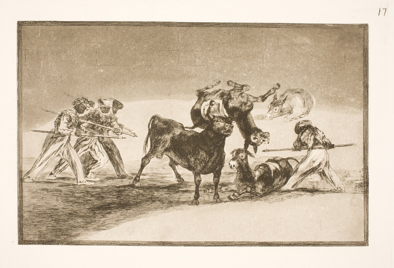Maurit käyttävät aaseja esteenä puolustaakseen itseään härkää vastaan, jonka sarvet on varustettu luoteilla tekijältä Francisco de Goya
