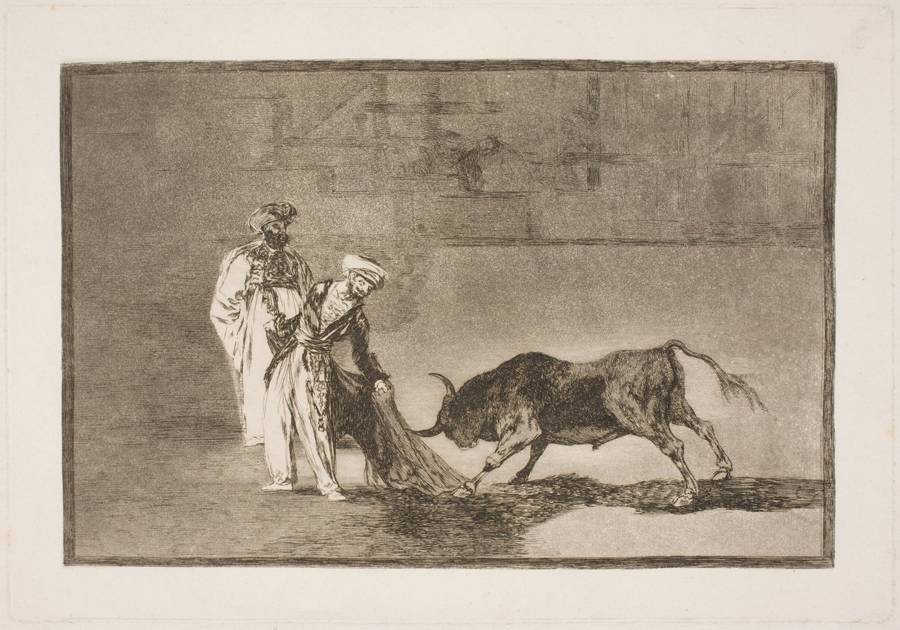 Areenalla olevat maurit tekevät kaikkensa houkutellakseen härän burnuksensa avulla tekijältä Francisco de Goya