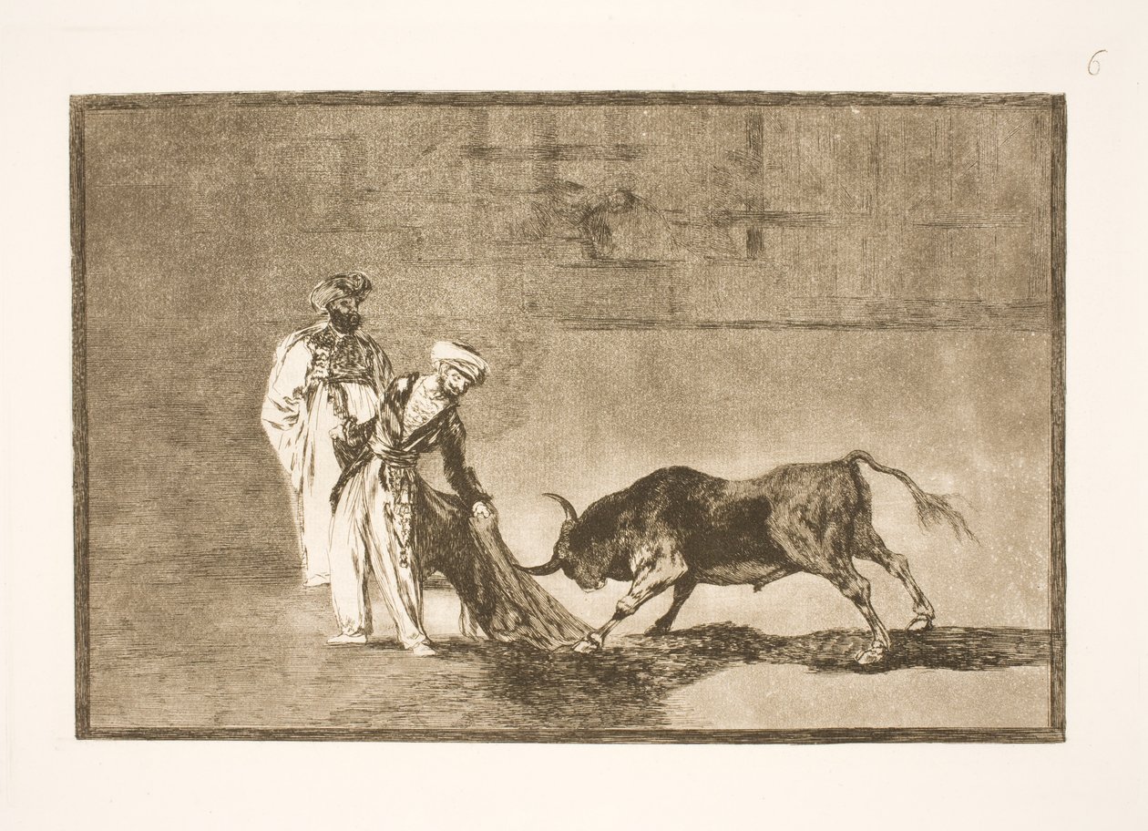 Maurit tekevät toisen tempun areenalla houkutellen härät luokseen palovammoillaan tekijältä Francisco de Goya