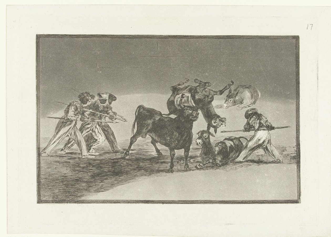 Maurit ja aasit taistelevat härän kanssa Palenque de los Moros hecho con burros para defendere del toro embolado La Tauromaquia (sarjan nimi) Härkätaistelut (sarjan nimi) tekijältä Francisco de Goya