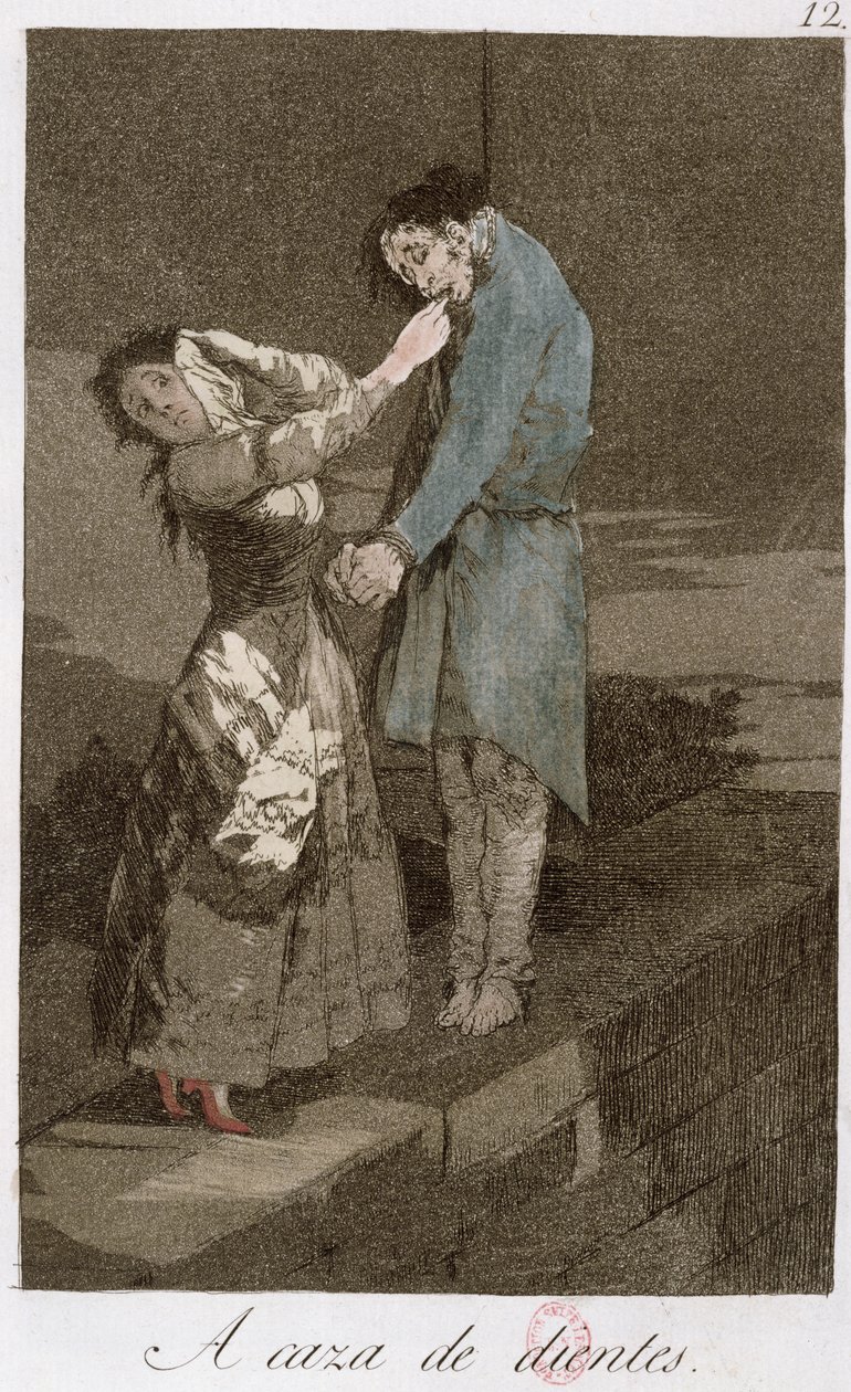 Hampaiden metsästys, "Los caprichos" -levy 12, 1700-luvun loppu (värillinen etsaus) (katso myös 81631) tekijältä Francisco de Goya