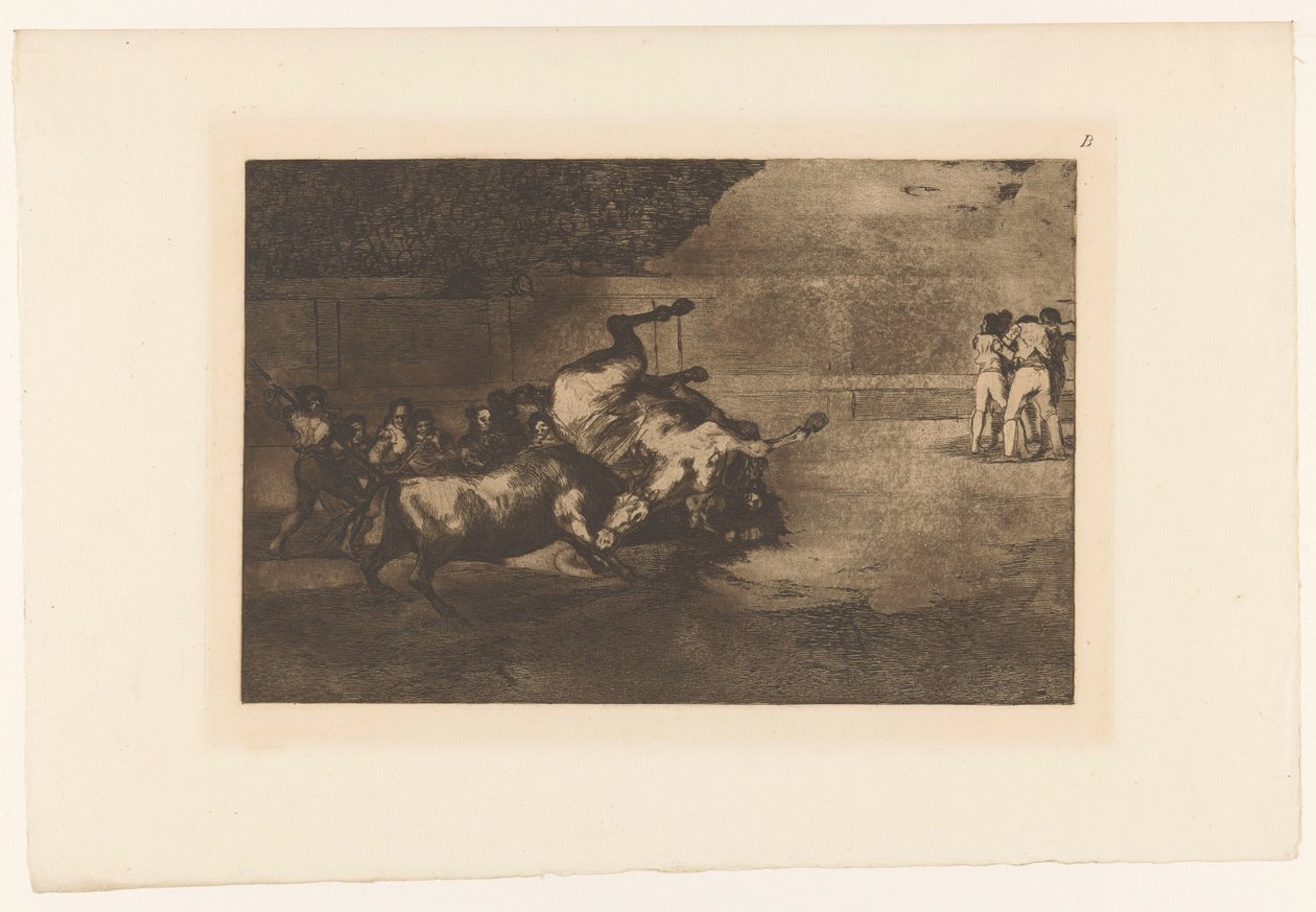 Härkä kaatoi hevosen Cheval reverse par un taureau Härkätaistelut (sarjan nimi) La Taureaumachie (sarjan nimi) La Tauromaquia (sarjan nimi) tekijältä Francisco de Goya
