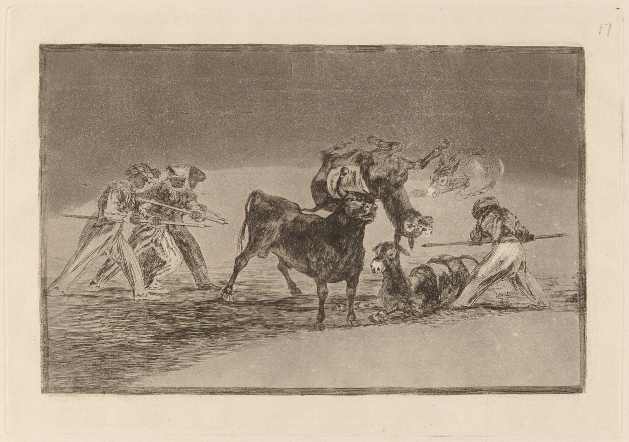 Palenque de los moros hecho con burros para defendere del toro embolado (maurit käyttävät aaseja esteenä puolustaakseen itseään härkää vastaan, jonka sarviin on tippunut palloja) tekijältä Francisco de Goya