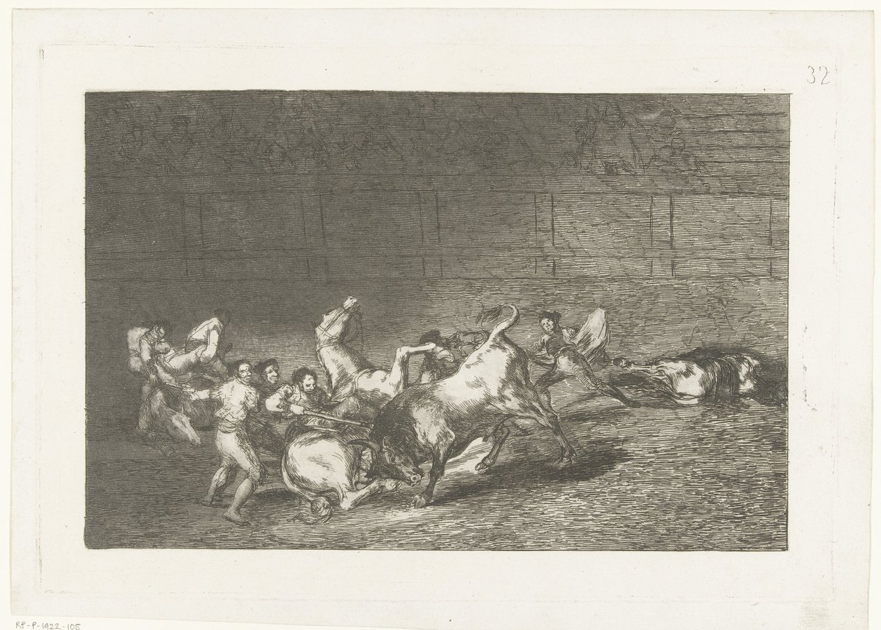 Picador steekt een lans in een stier Kaksi picador-ryhmää juoksee peräkkäin yhden härän yli Härkätaistelut (sarjan nimi) Stierenvechten (sarjan nimi) tekijältä Francisco de Goya