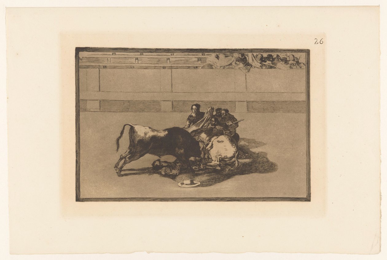 Picador putosi hevosestaan Caida de un picador de su caballo debajo del toro Härkätaistelut (sarjan nimi) La Taureaumachie (sarjan nimi) La Tauromaquia (sarjan nimi) tekijältä Francisco de Goya
