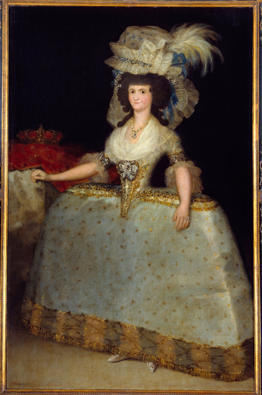 Muotokuva Espanjan kuningatar Mary Louisesta (1751-1819), Kaarle IV:n vaimo Francisco de Goyan maalaus (1746-1828) 1828 Madrid, Pradon museo - Espanjan kuningatar Marie Louisen (1751-1819) täyspitkä muotokuva , Kaarle IV:n vaimo. Maalaus Francisco d tekijältä Francisco de Goya