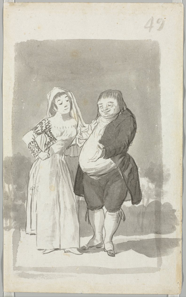 aProstituoitu pyytää lihavaa, rumaa miestä (recto) tekijältä Francisco de Goya