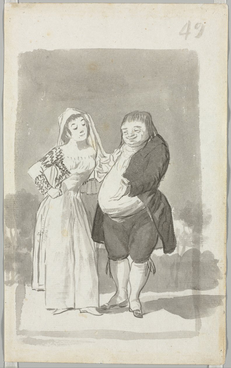 Prostituoitu pyytää lihavaa, ruma mies, nuori nainen vääntelemässä käsiään...verso, 1796-97. tekijältä Francisco de Goya