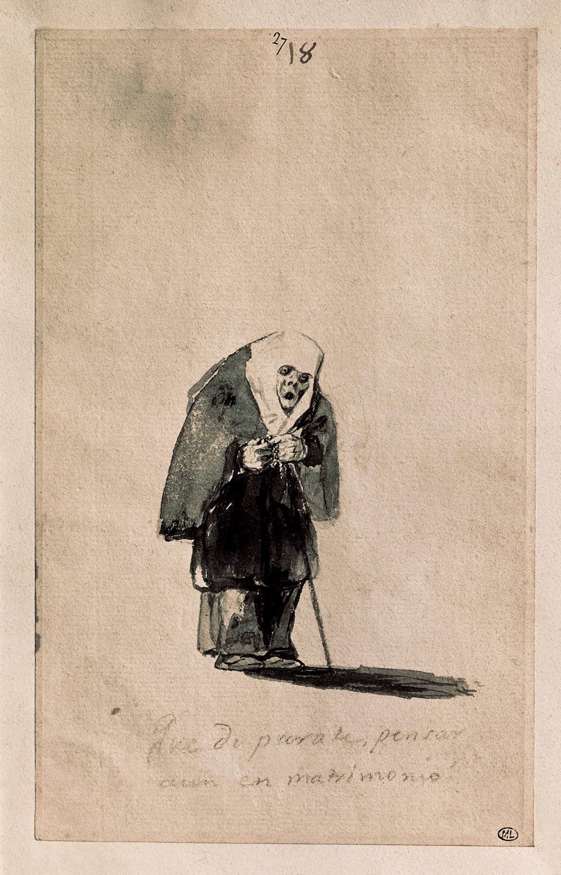Que disparate, pensar aun en matrimonio (Mitä hölynpölyä, ajatella avioliittoa edelleen), c. 1819-23 (Sivellin, intialainen muste, alustava piirustus mustalla kivellä, valkoiselle paperille) tekijältä Francisco de Goya