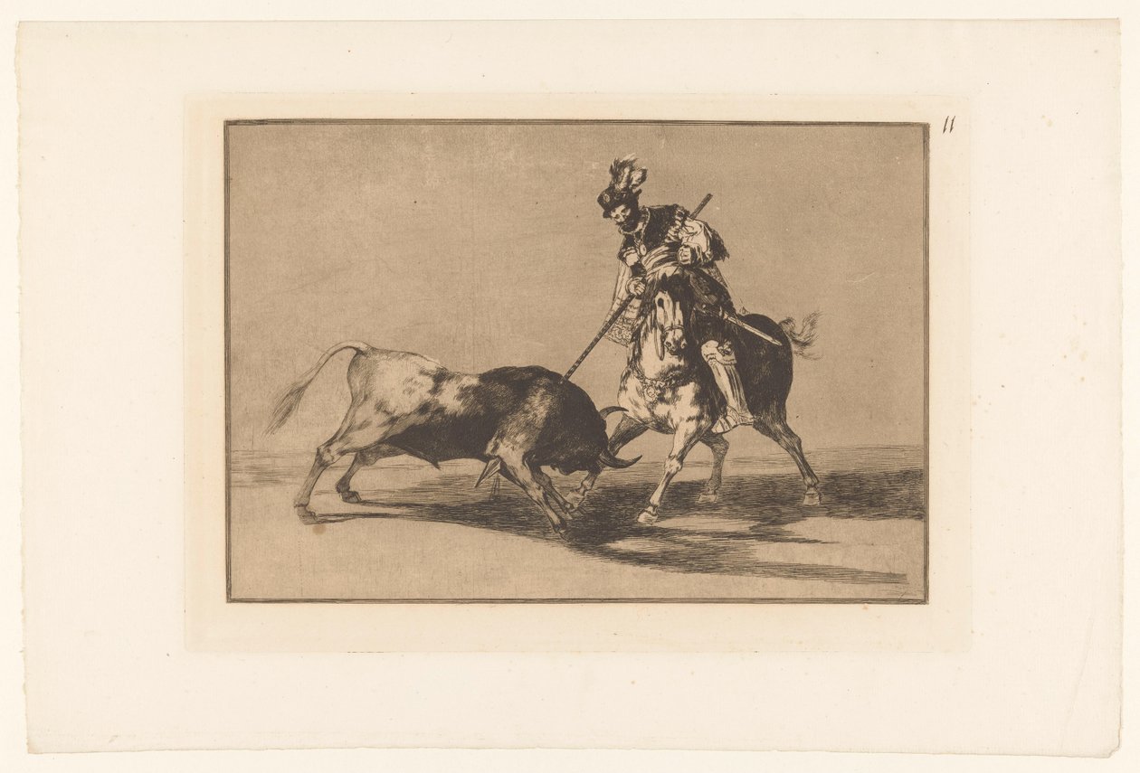 Rodrigo Diaz de Vivar verwondt een stier El Cid Campeador keihäs toista härkää Stierengevechten (sarjan nimi) La Taureamachie (sarjan nimi) Härkätaistelut (sarjan nimi) tekijältä Francisco de Goya