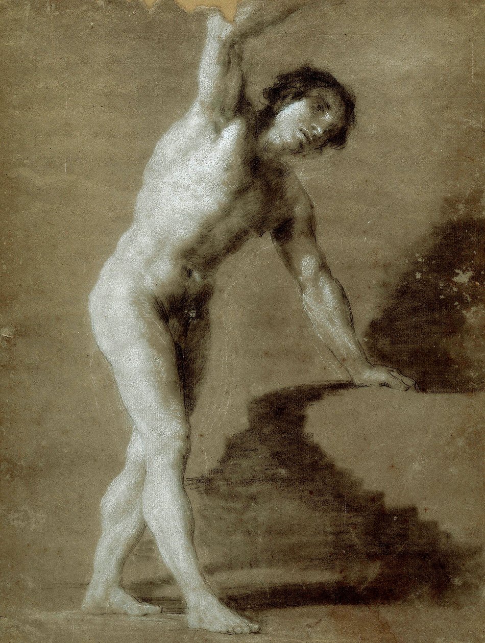 Piirustuskoulu, n. 1790 (hiilipiirros harmaalle paperille) tekijältä Francisco de Goya