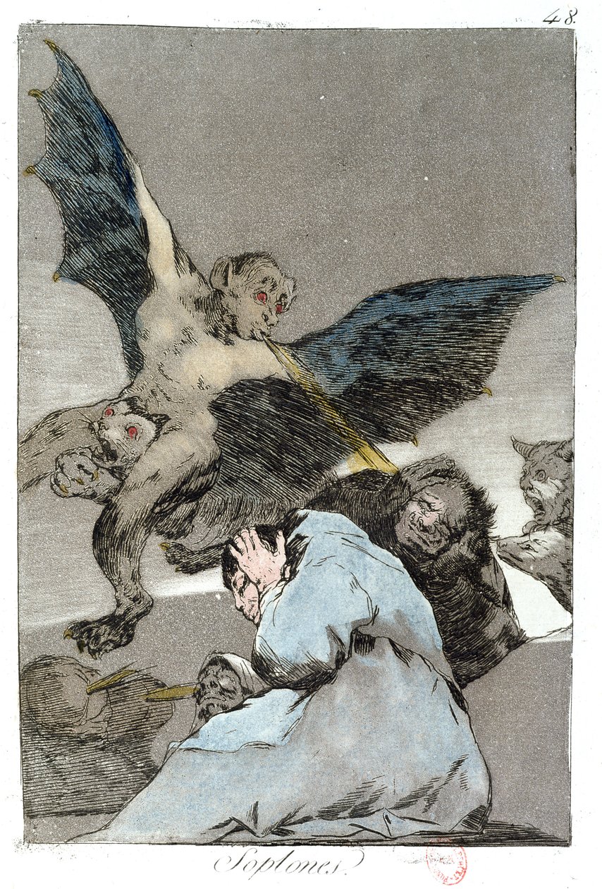Soplones (Blasts of Wind), "Los Caprichos" -levy 48, 1700-luvun loppu tekijältä Francisco de Goya