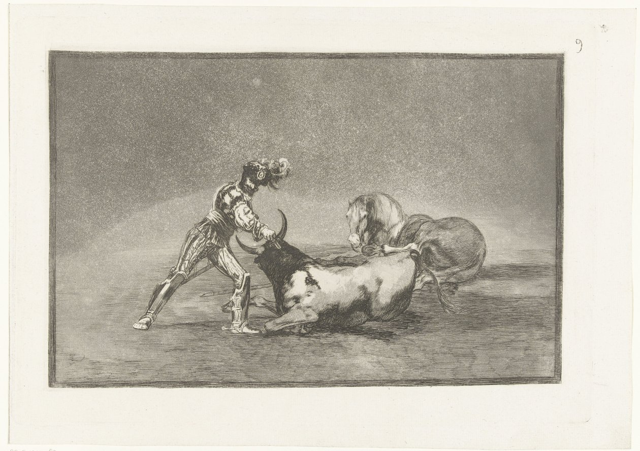 Spanse rider doody stierillä Espanjalainen ritari tappaa härän menetettyään hevosensa Stierenvechten (sarjan nimi) Härkätaistelut (sarjan nimi) tekijältä Francisco de Goya