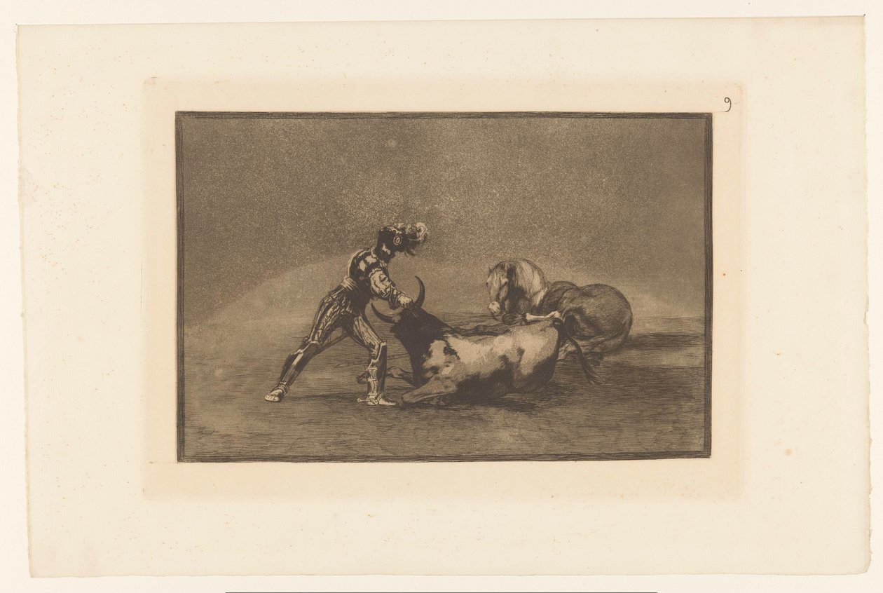 Spanse rider doodt een stier Espanjalainen ritari tappaa härän menetettyään hevosensa Stierengevechten (sarjan nimi) La Taureamachie (sarjan nimi) Härkätaistelut (sarjan nimi) tekijältä Francisco de Goya