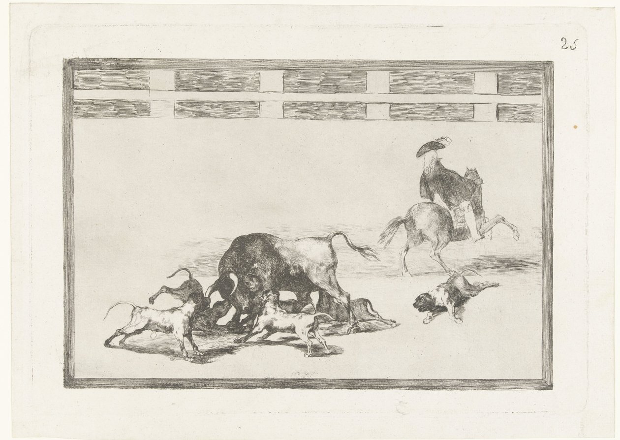 Koirien hyökkäämä härkä Echan perros al toro La Tauromaquia (sarjan nimi) Härkätaistelut (sarjan nimi) tekijältä Francisco de Goya