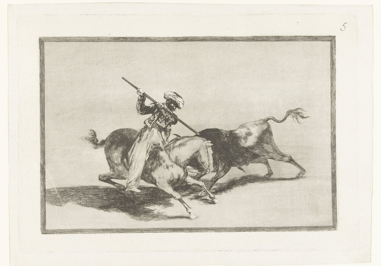 Stierenjacht te paard Henkinen Moro Gazul on ensimmäinen, joka keihäs sonnit järjestyksessä Härkätaistelut (sarjan nimi) Stierenvechten (sarjan nimi) tekijältä Francisco de Goya