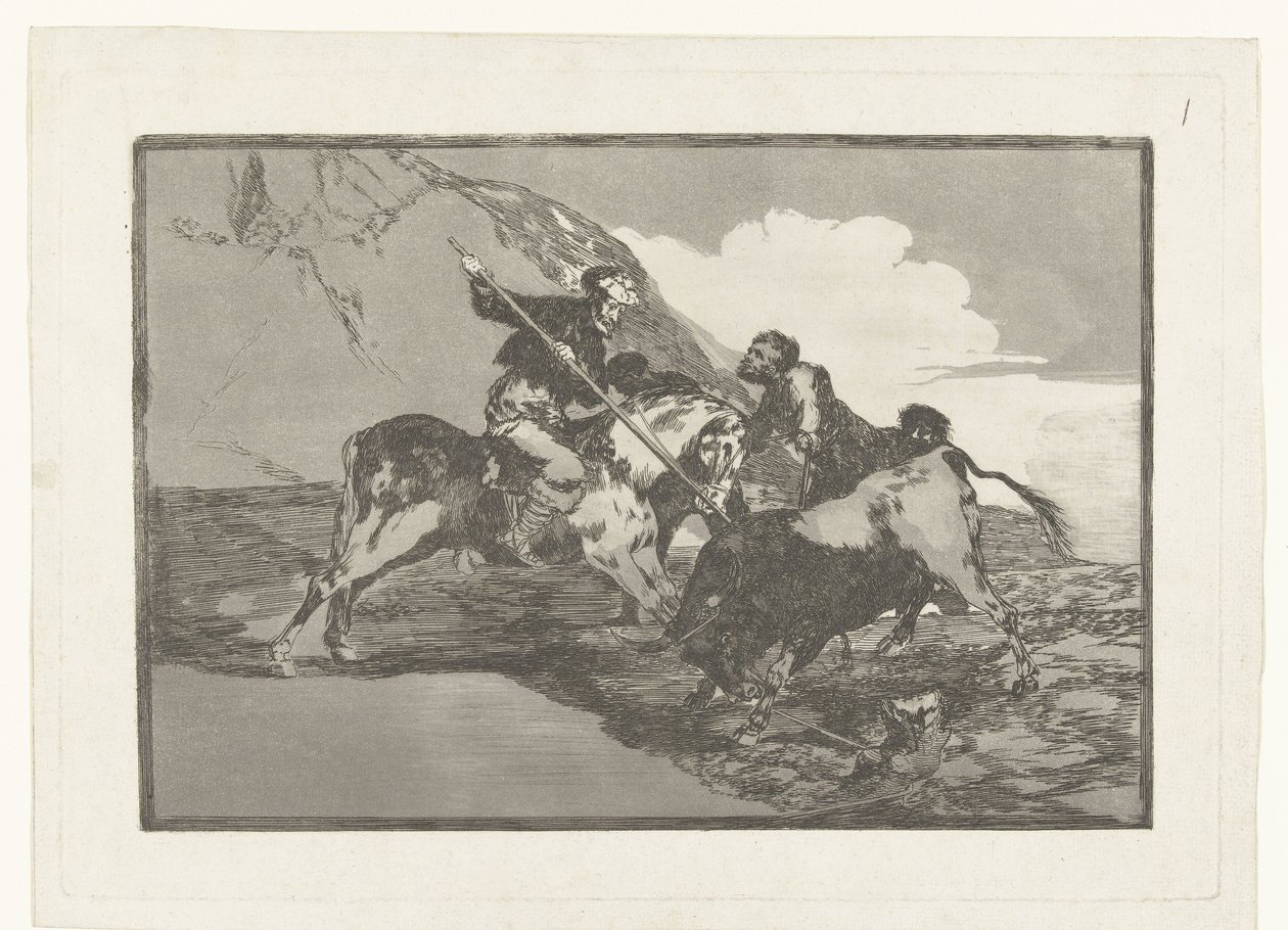 Stierenjacht et paard Manera can que els antics Espanyols caçaven els toros á cavall al camp Stierenvechten (sèries title) La Tauromàquia (sèries title)finnish tekijältä Francisco de Goya