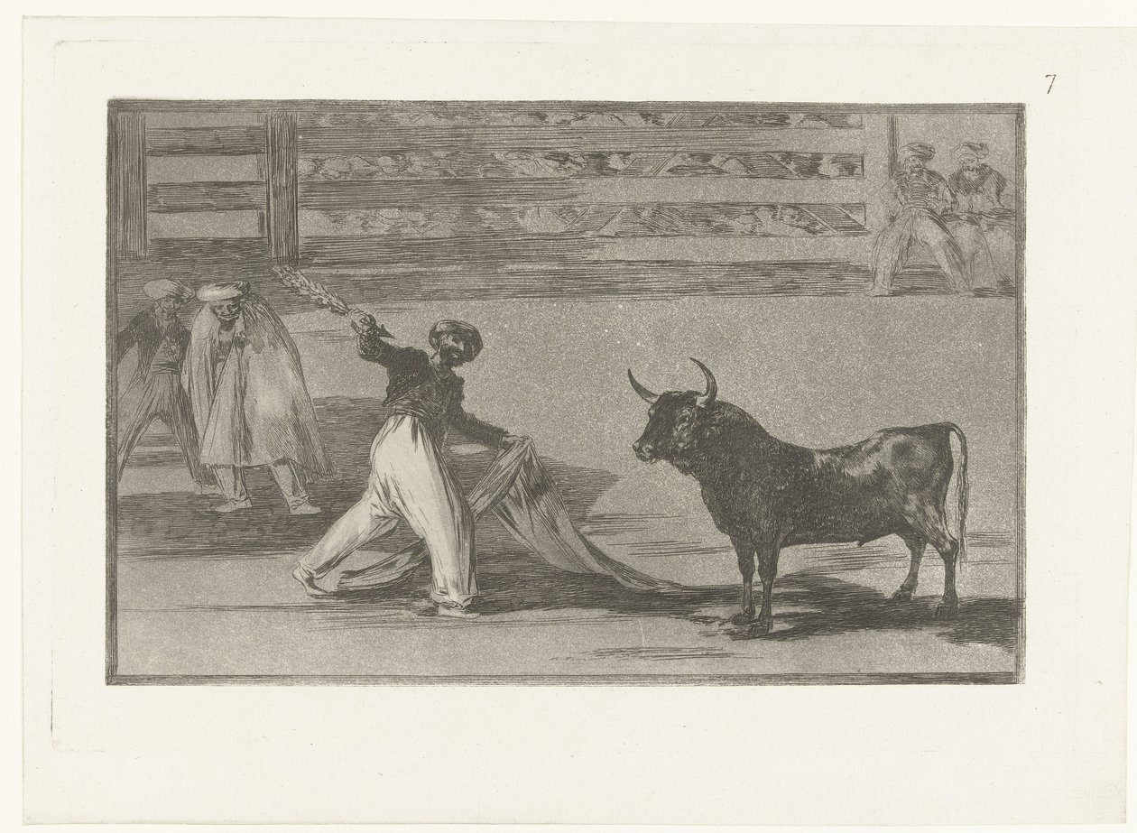 Stierenvechter tapasi banderillan Harppuunien tai banderillojen alkuperä Stierenvechten (sarjan nimi) Härkätaistelut (sarjan nimi) tekijältä Francisco de Goya