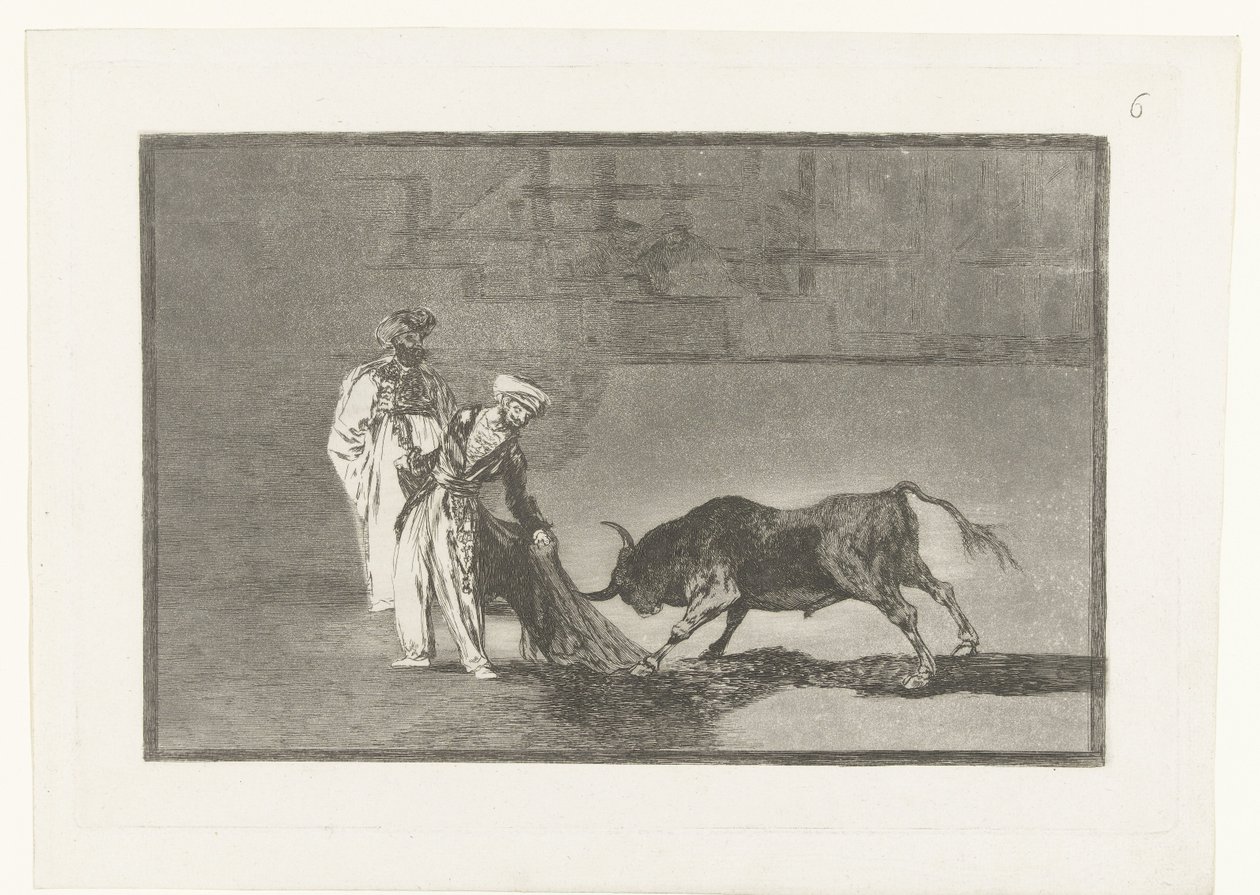 Stierenvechten hiekassa Maurit tekevät toisen capeon torilla kylpytakkinsa kanssa Stierenvechten (sarjan nimi) Härkätaistelut (sarjan nimi) tekijältä Francisco de Goya