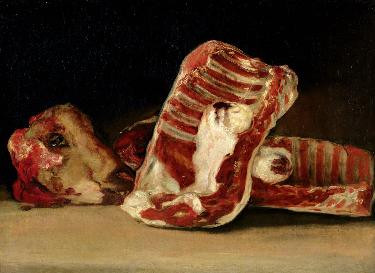 Lampaan kylkiluiden ja pään asetelma - Teurastajan laskuri tekijältä Francisco de Goya