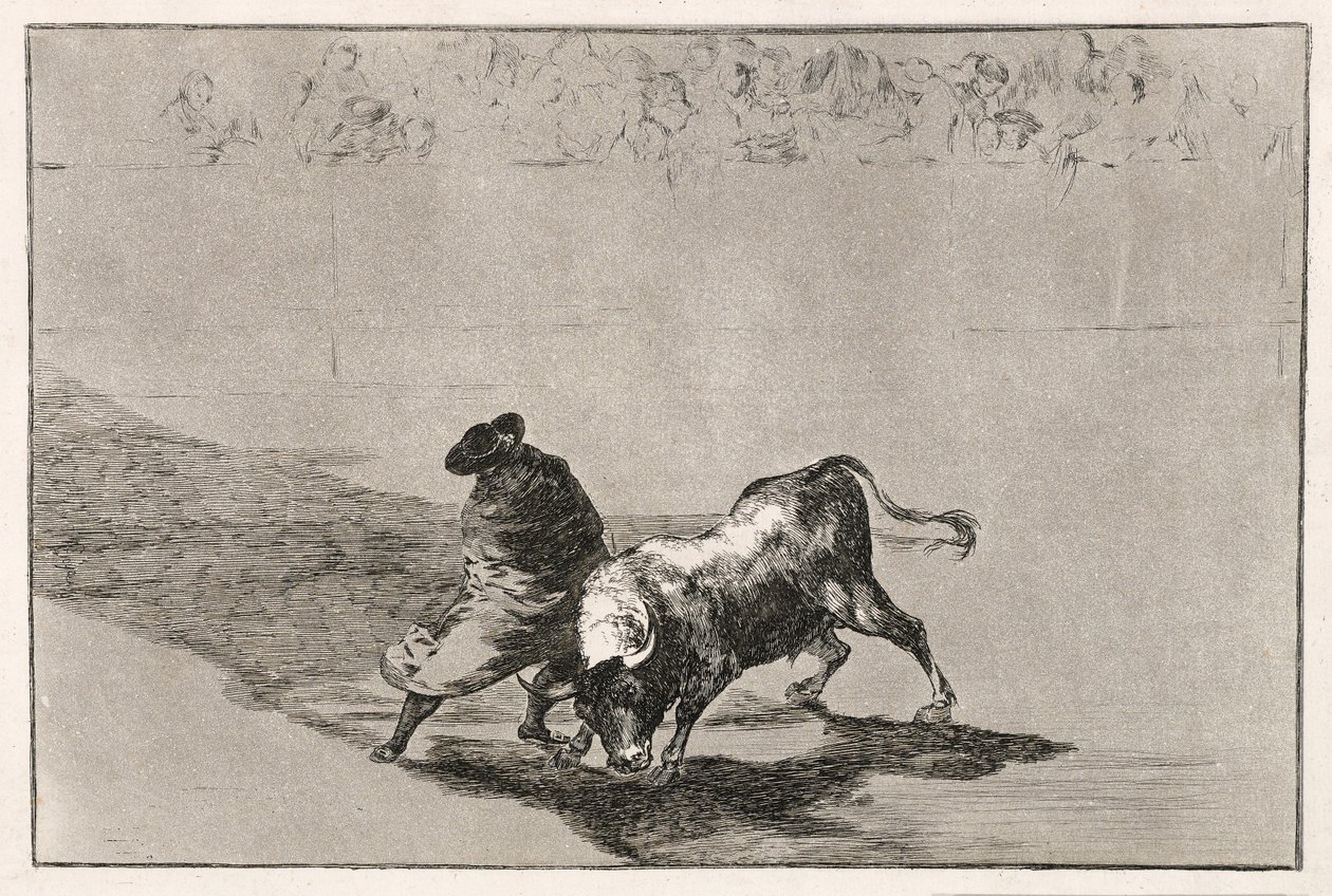 Taitava valheiden oppilas raivostuttaa härän liikkumalla viittaansa käärittynä, 1814-16 tekijältä Francisco de Goya