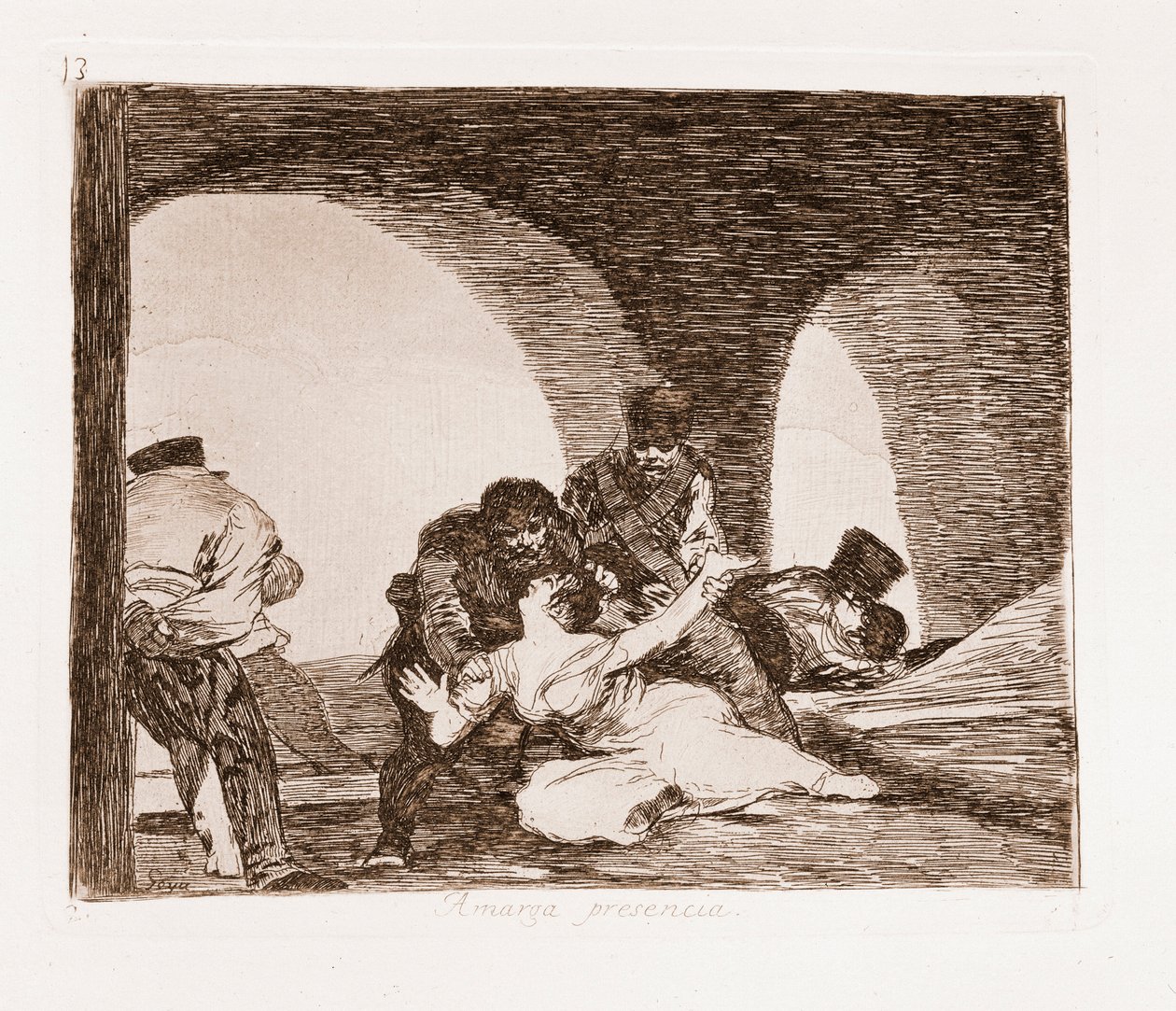 The Disasters of War : Mies todistamassa vaimonsa raiskausta (etsaus alustavasta piirustuksesta tekijältä Francisco de Goya