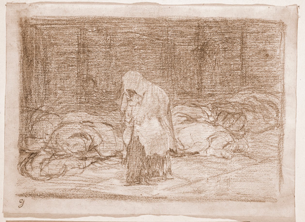 The Disasters of War: ruumishuoneen vuoteet (valmistelupiirros tekijältä Francisco de Goya