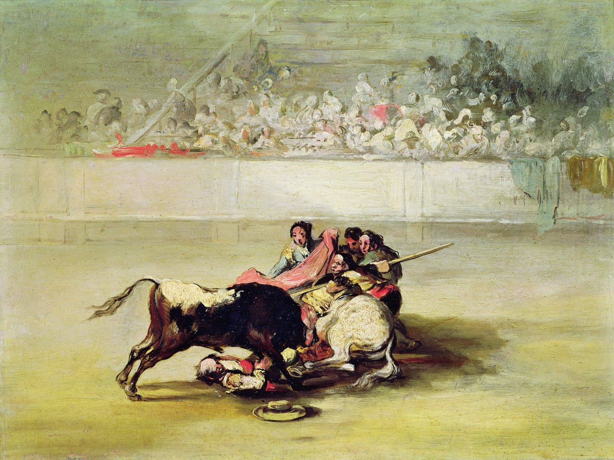 Picadorin putoaminen hevosen selästä härän alla tekijältä Francisco de Goya