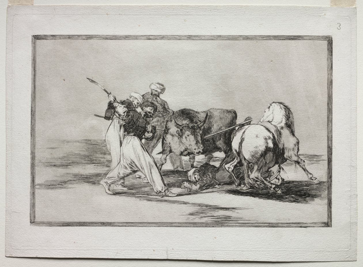 Maurit asettuivat asumaan Espanjaan, luopuivat Koraanin taikauskoista, omaksuivat tämän metsästystaidon ja keihäsivät härkä ulkona tekijältä Francisco de Goya