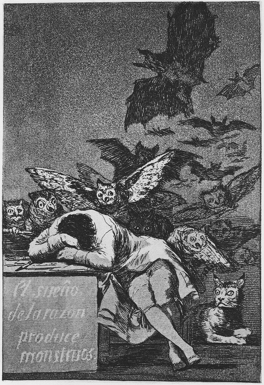 Järjen uni tuottaa hirviöitä. Capricho nro 43, 1797-1798 tekijältä Francisco de Goya