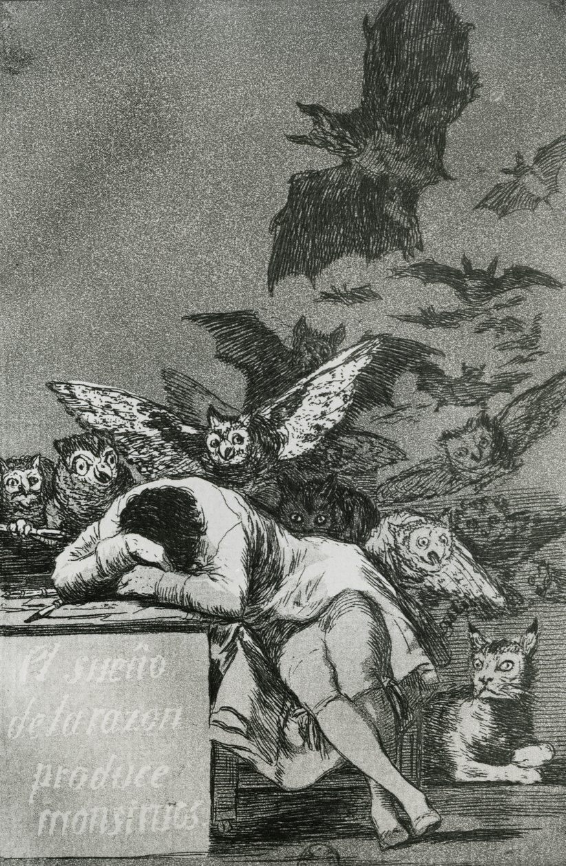 Järjen uni tuottaa hirviöitä "Los Caprichosista" (kaiverrus) (bw-kuva) (katso myös 81662) tekijältä Francisco de Goya
