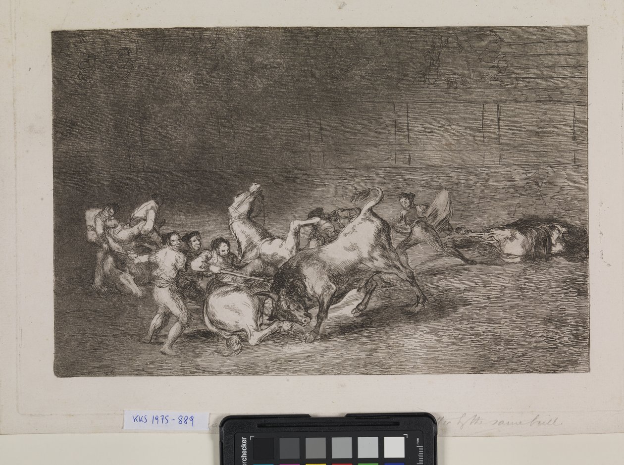 Kaksi picadoriryhmää kaatuu yksitellen yhden härän toimesta tekijältä Francisco de Goya