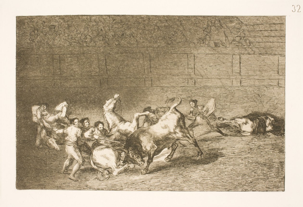 Yksi härkä kaataa kaksi picadoriryhmää yksitellen tekijältä Francisco de Goya