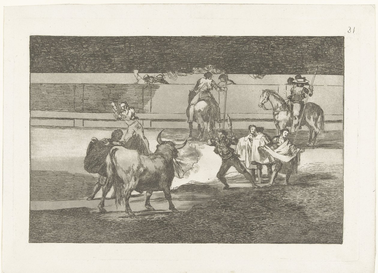 Bullfighter tapasi brandende banderillas tuliliput Härkätaistelut (sarjan nimi) Stierenvechten (sarjan nimi) tekijältä Francisco de Goya