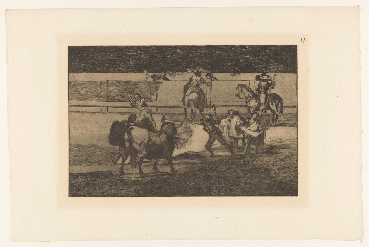 Bullfighter tapasi brandende banderillas tulinauhat Stierengevecht (sarjan nimi) La Taureamachie (sarjan nimi) Härkätaistelut (sarjan nimi) tekijältä Francisco de Goya