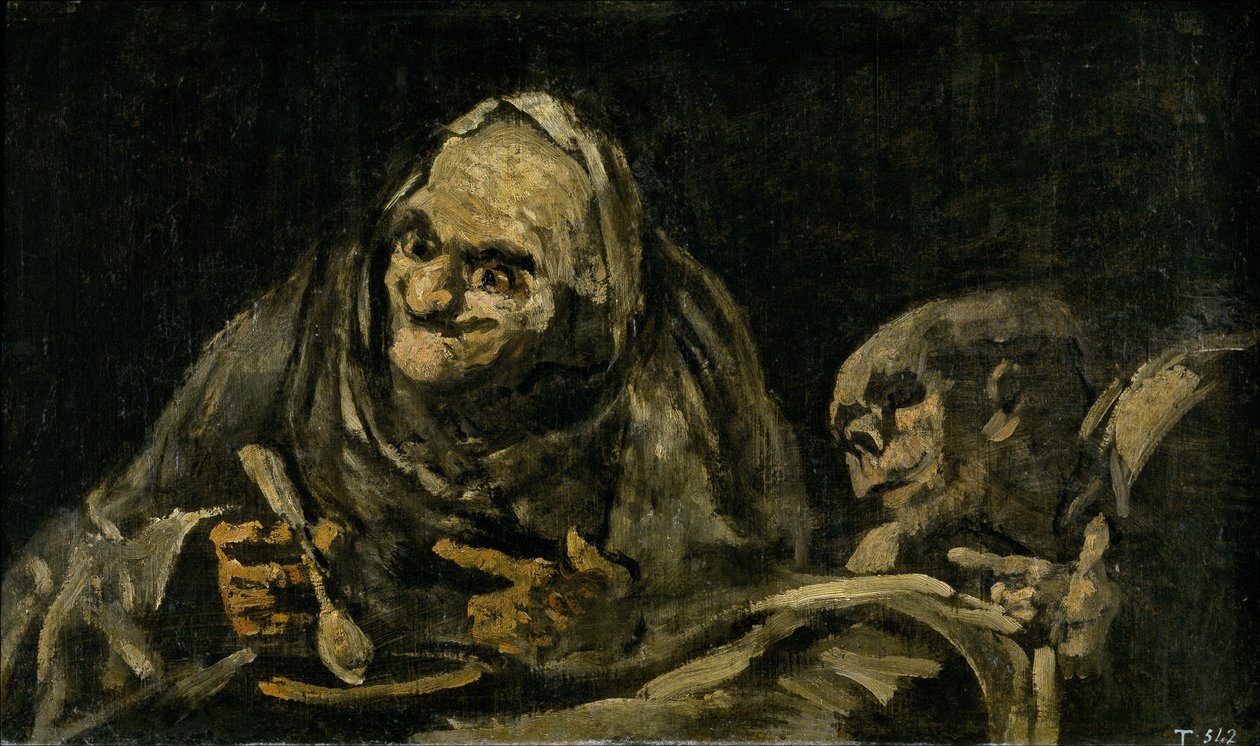 Kaksi vanhaa miestä syömässä keittoa Witchy Brew tekijältä Francisco de Goya