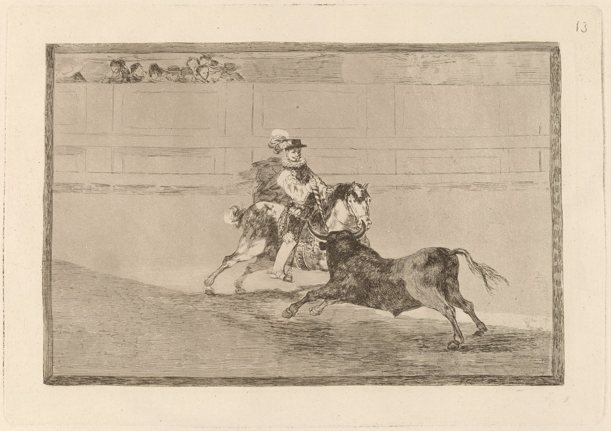 Un caballero espanol en plaza quebrando rejoncillos sin auxilio de los chulos (espanjalainen ratsu ritari renkaassa rikkomassa lyhyitä keihää ilman avustajien apua) tekijältä Francisco de Goya