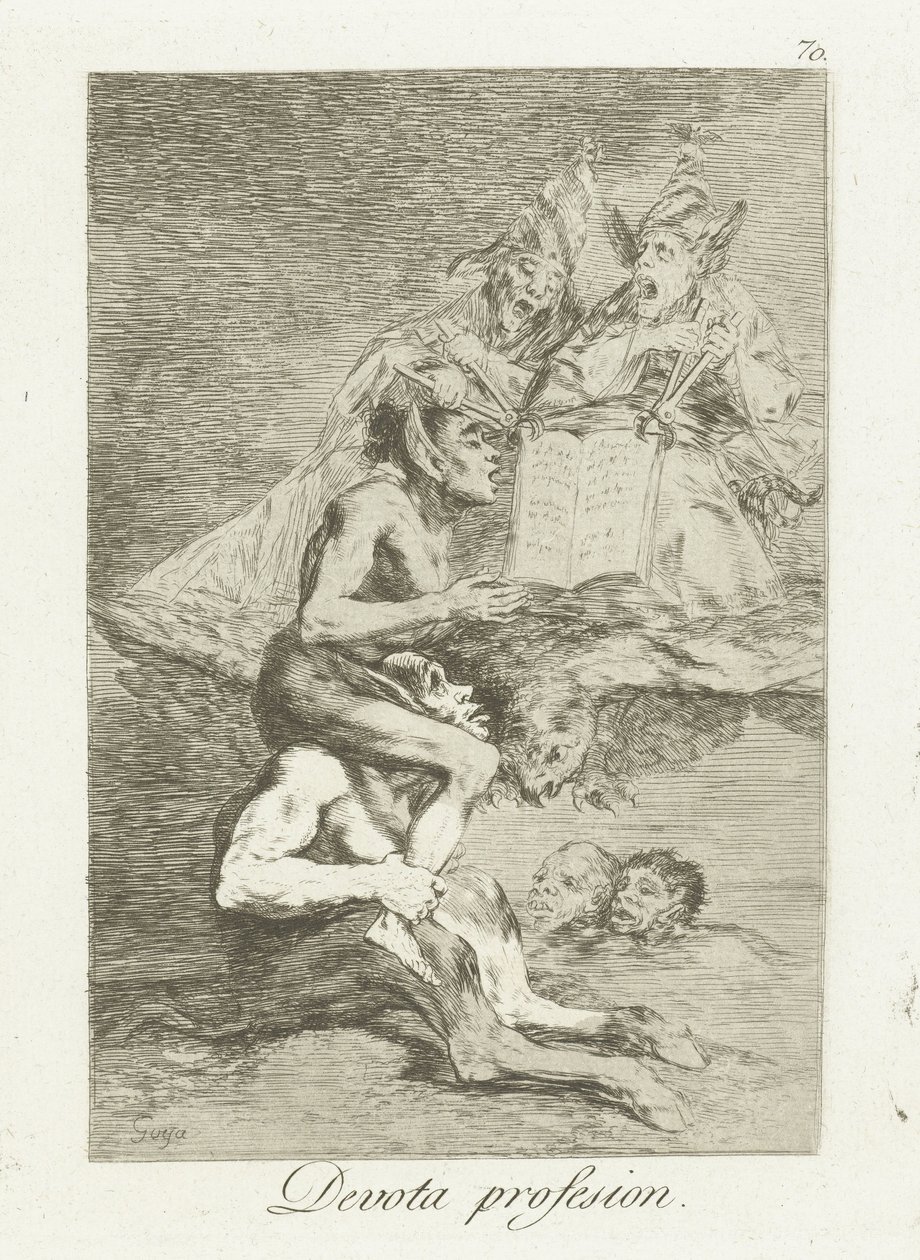 hurskas tunnustus Devota Profesion (nimi esineessä) Los Caprichos (sarjan nimi) tekijältä Francisco de Goya