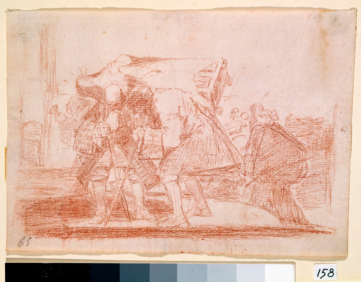 War Destres: "" Tämä ei ole vähempää"" Antiklerikaalinen printti pyhien ikonien kulttiin. Francisco de Goya y Lucientesin (1746-1828) valmistelupiirros punaisella lyijykynällä etsausta varten. 1810-1812. Madrid. Pradon museo tekijältä Francisco de Goya