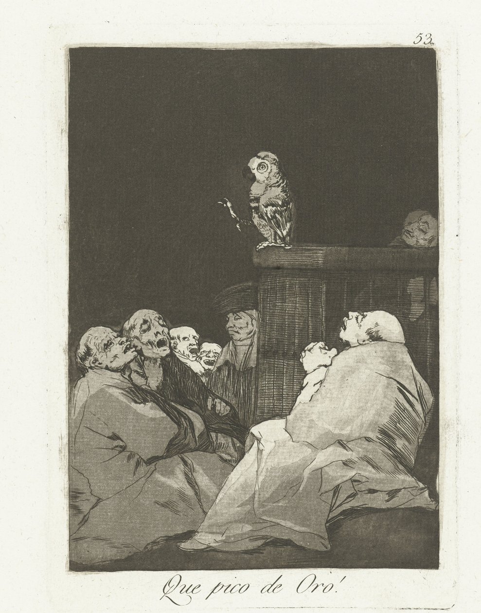 Mikä kultanokka! Que pico de oro! (otsikko esineessä) Los Caprichos (sarjan nimi) tekijältä Francisco de Goya