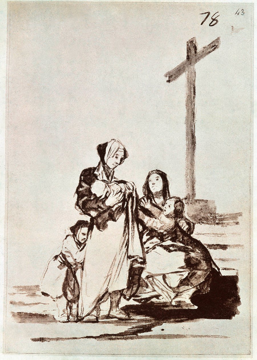 Naiset ja lapset ristin lähellä (kaiverrus) tekijältä Francisco de Goya