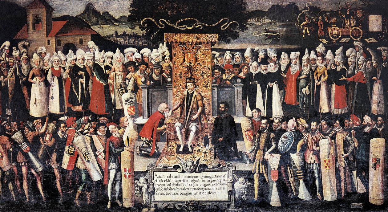 Kuningas Ferdinand Katolisen (1452-1516) etuoikeusjulistuksen jälkeen järjestetty käsisuudelun seremonia. Francisco de mendieta Y Retesin maalaus (1500-luku). Espanja, Guernica. Juntaksen talo. tekijältä Francisco de Mendieta y Retes