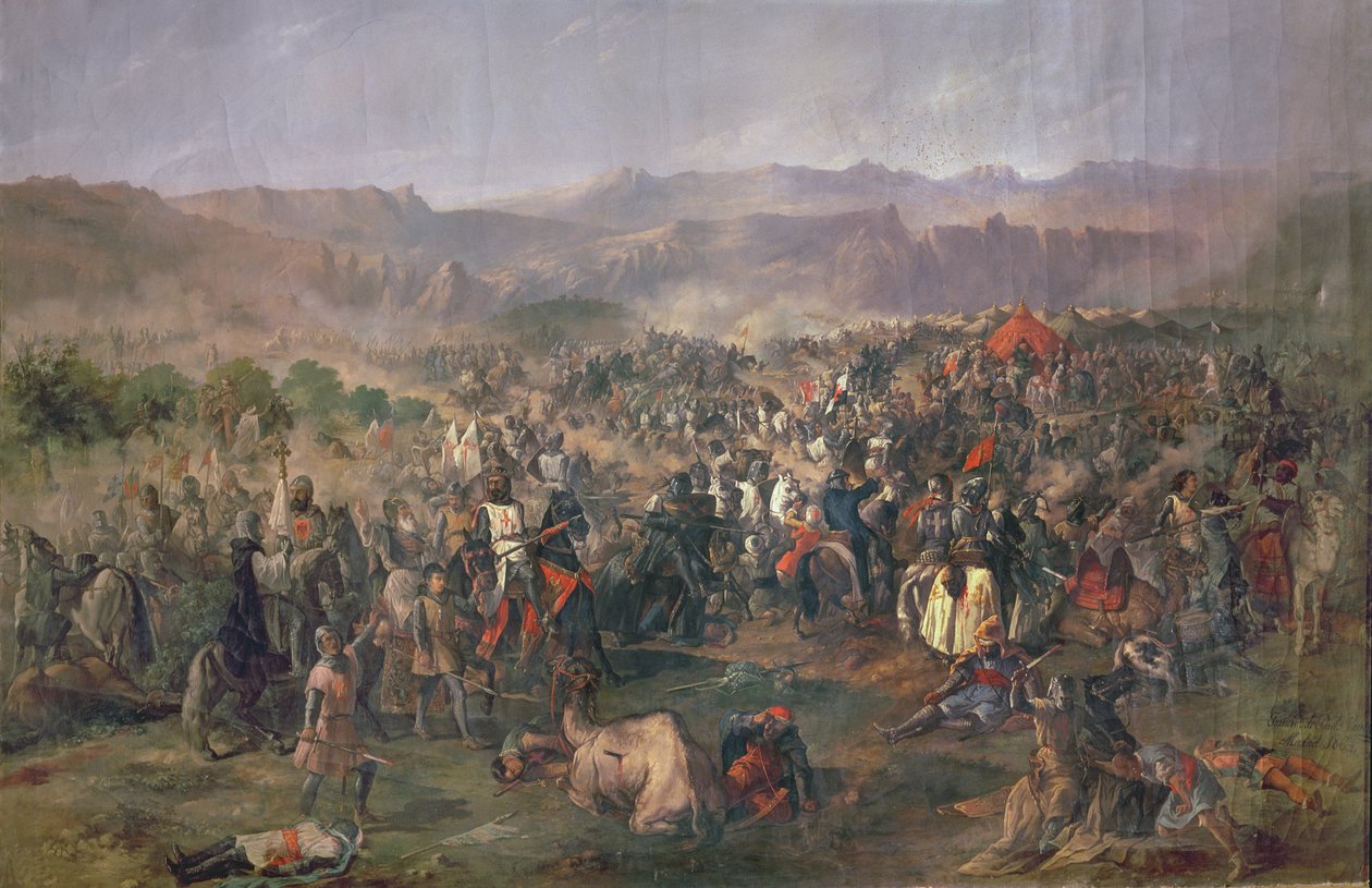 Las Navas de Tolosan taistelu, jossa Kastilian kuninkaat voittivat Almohadit vuonna 1212 (öljy kankaalle) tekijältä Francisco de Paula van Halen