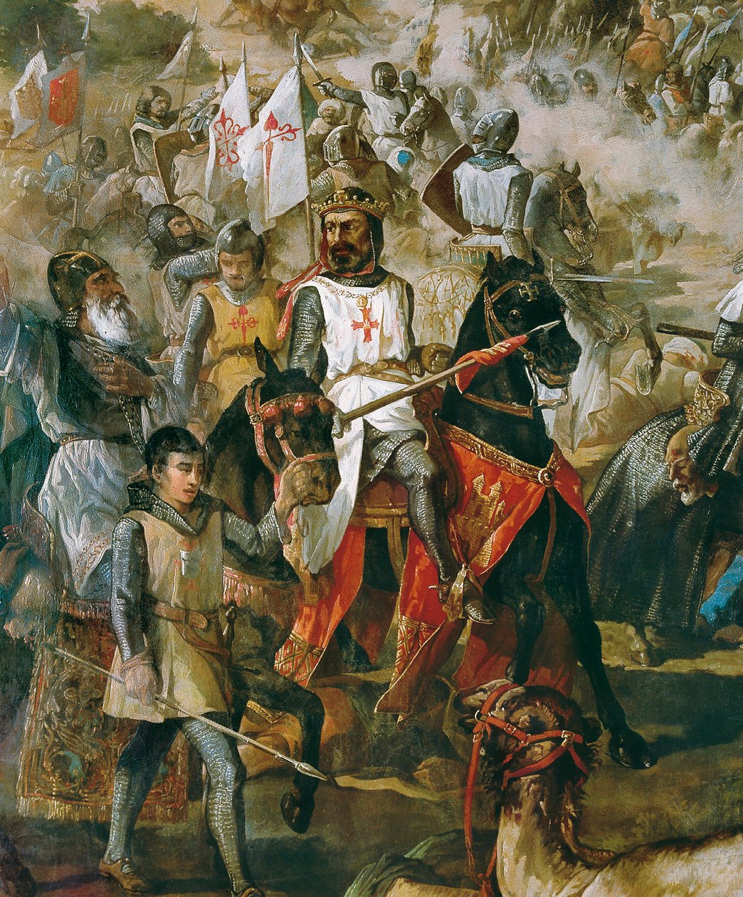 Espanjan valloitus: Las Navas de Tolosan taistelu 16.7.1212 kristillisen armeijan ja maurien armeijan välillä. Yksityiskohta kuningas Alfonso VIII:sta. Francisco de Paula Van Halenin (1810-1887) maalaus. 1864. Madrid. Senaatin palatsi. tekijältä Francisco de Paula van Halen