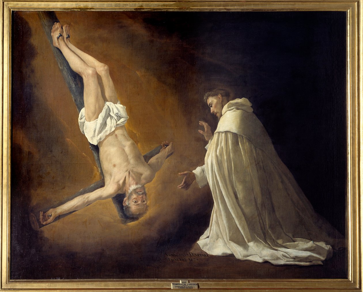 Pyhän Pietarin ristiinnaulitsemisen ilmestyminen St. Peter Nolasquelle (1189-1256) Francisco de Zurbaranin (1598-1664) maalaus (esp.) 1629 Su. 1,79 x 2,23 m Madrid, Musee du Prado tekijältä Francisco de Zurbaran
