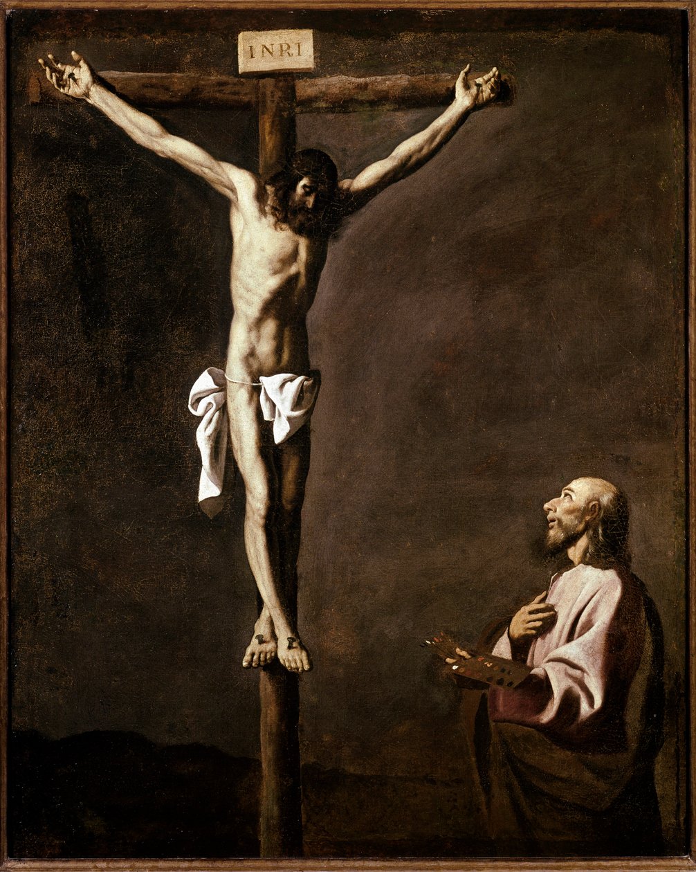 Ristiinnaulitseminen ja maalari Omakuva taiteilijasta Pyhän Luukkaan roolissa ristin juurella. Francisco de Zurbaranin (1598-1664) maalaus 1635-1640 Dim. 105x84 cm Madrid, Prado-museo tekijältä Francisco de Zurbaran