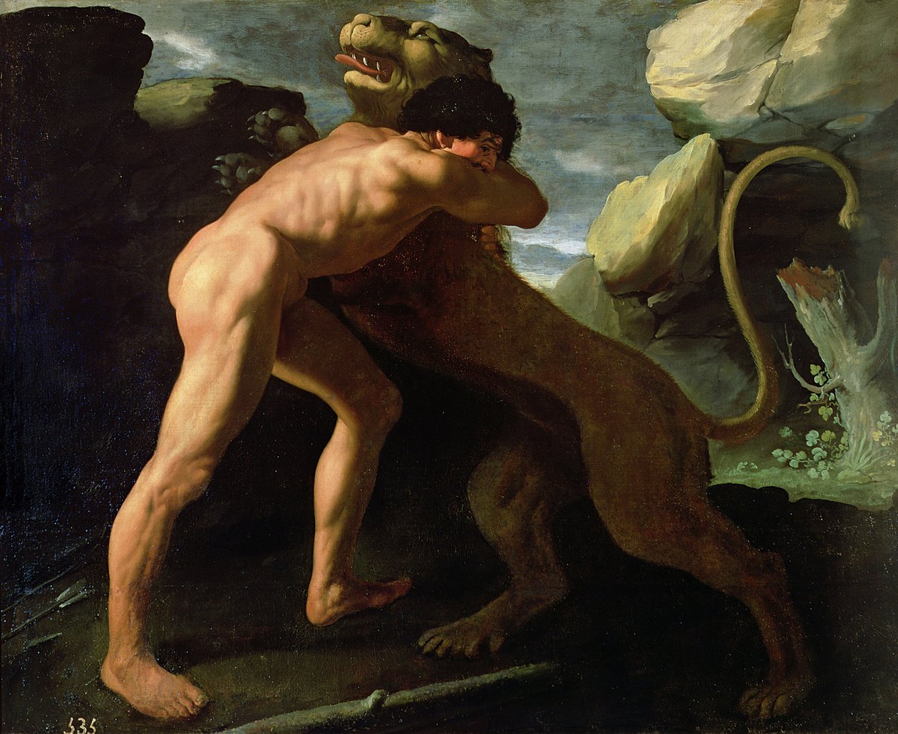 Hercules taistelee Nemean-leijonan kanssa tekijältä Francisco de Zurbaran